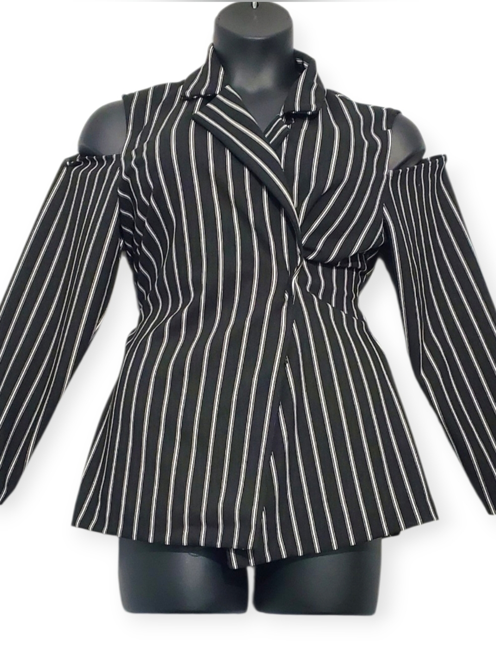 Ashley Stewart Black and White Pinstripe Blazer with Shoulder Cutouts